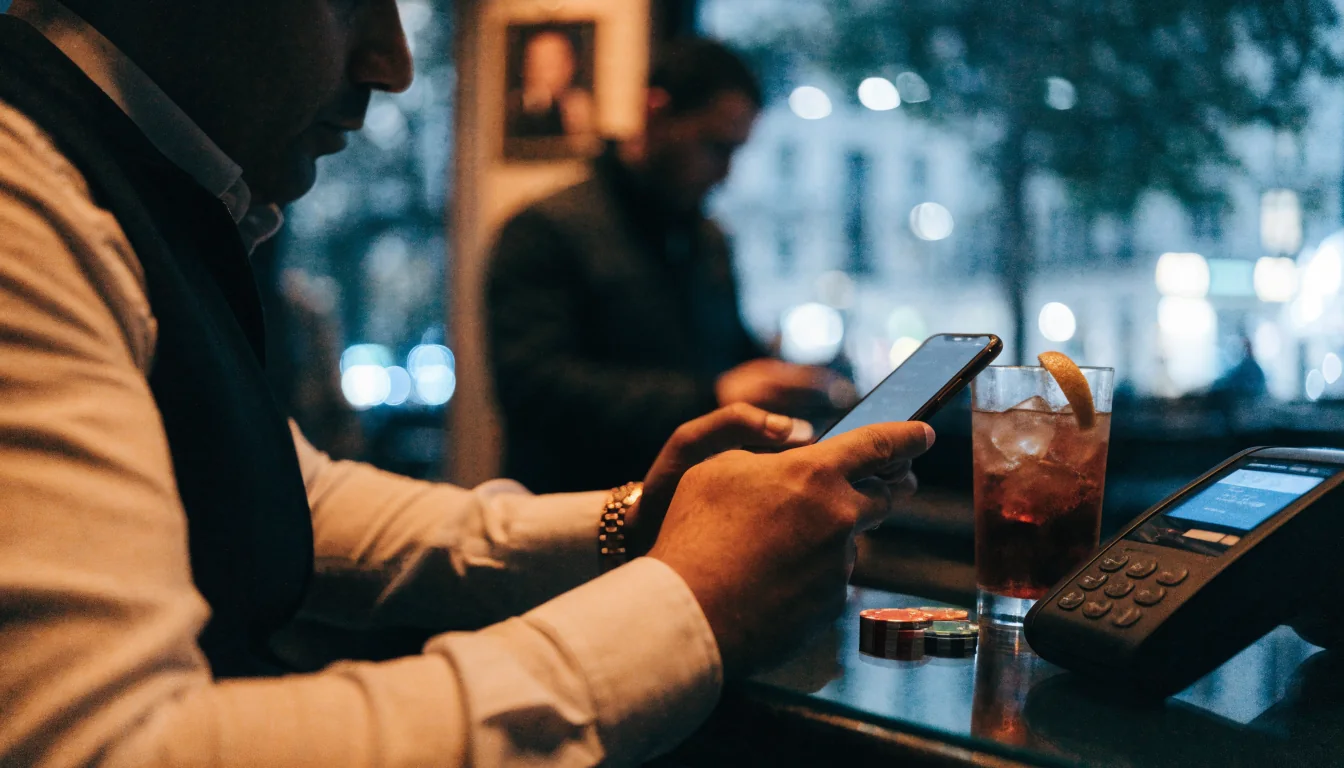 Person in UK bar using smartphone to pay, casino chips nearby