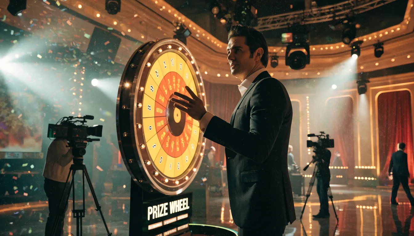 Live game show studio with a colorful prize wheel and tuxedoed host under stage lights
