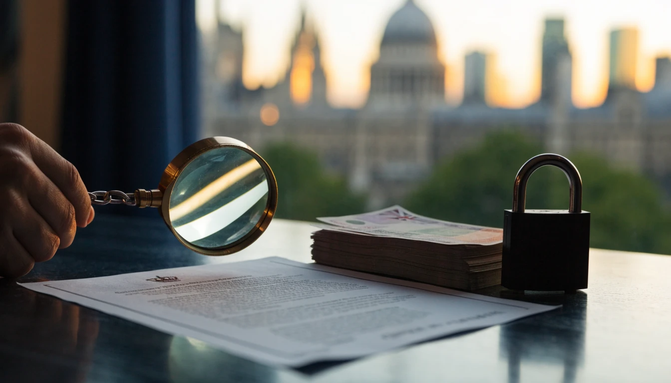 Magnifying glass over licensed document with UK flag and padlock on a desk, London skyline blurred behind.