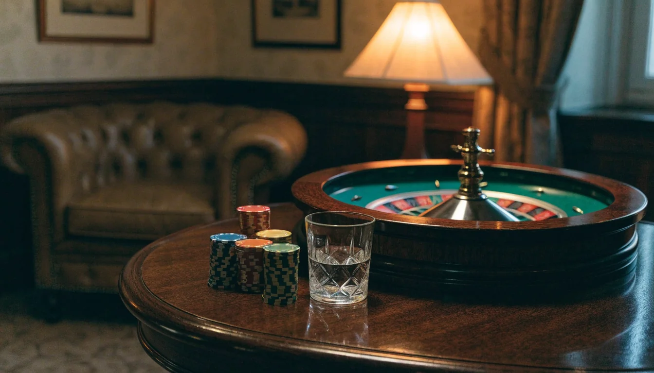 British casino lounge with roulette wheel and chips on a mahogany table
