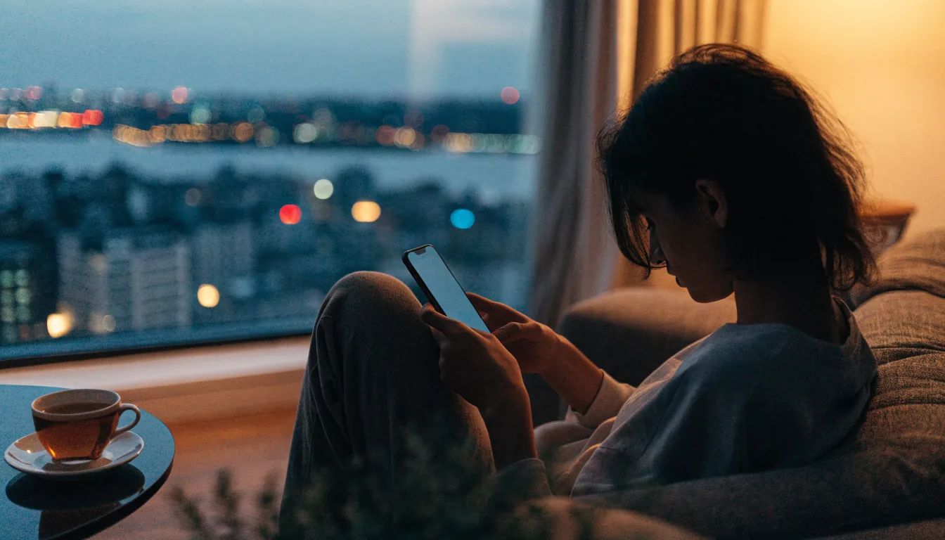 Person relaxing with smartphone in a modern London apartment at dusk, screen turned away.