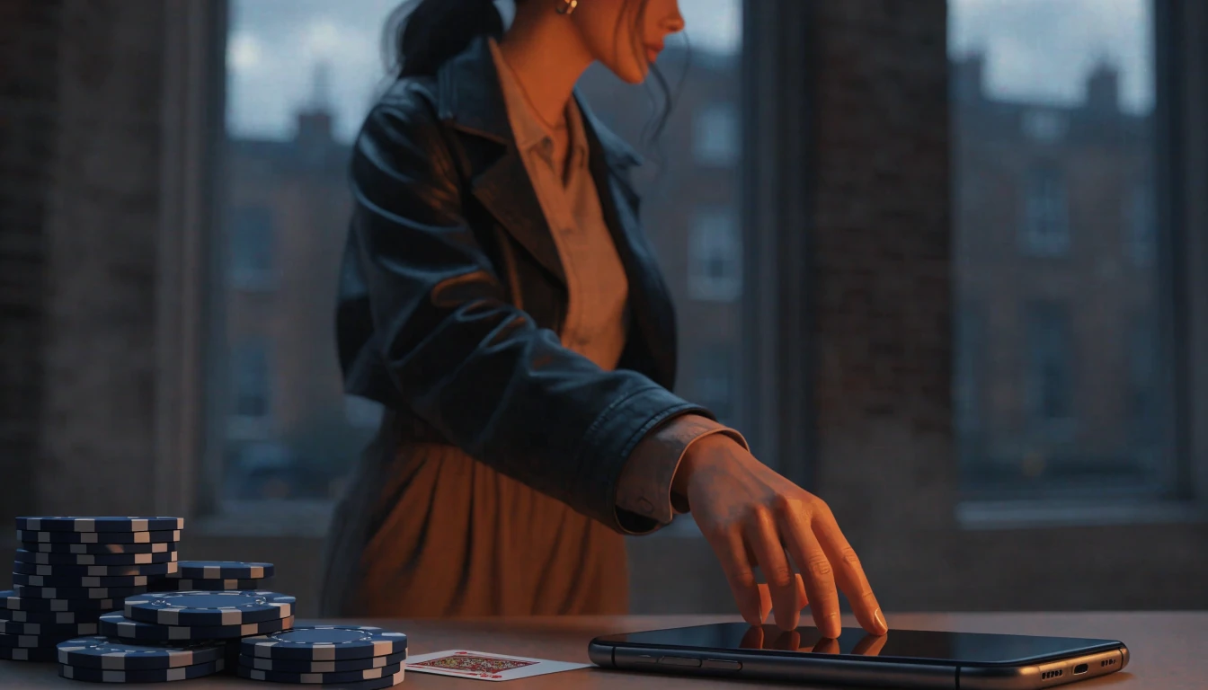 British player with smartphone, casino chips and a playing card on a table