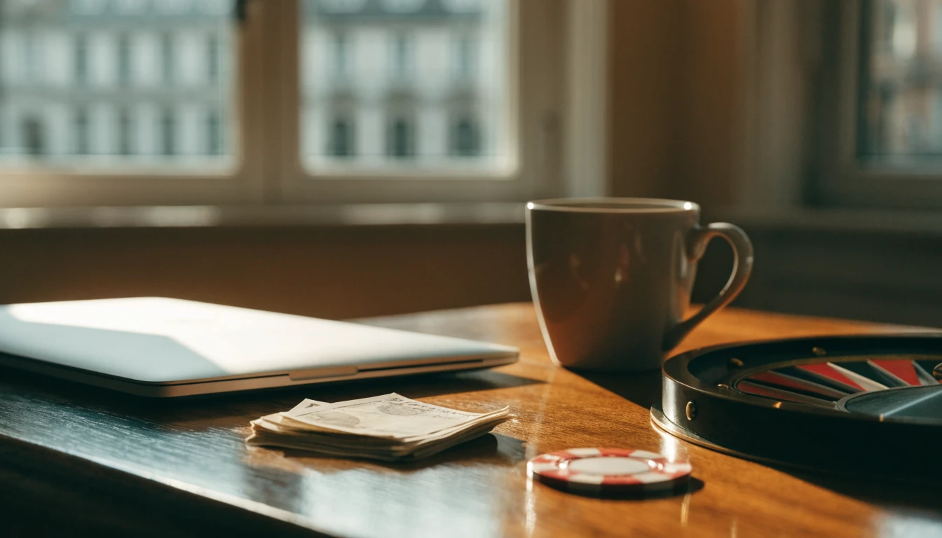 UK-themed still life with closed laptop, poker chip, roulette wheel and British money on a table