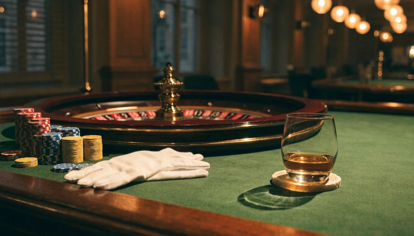 Elegant British casino table with roulette wheel, chips and whisky glass