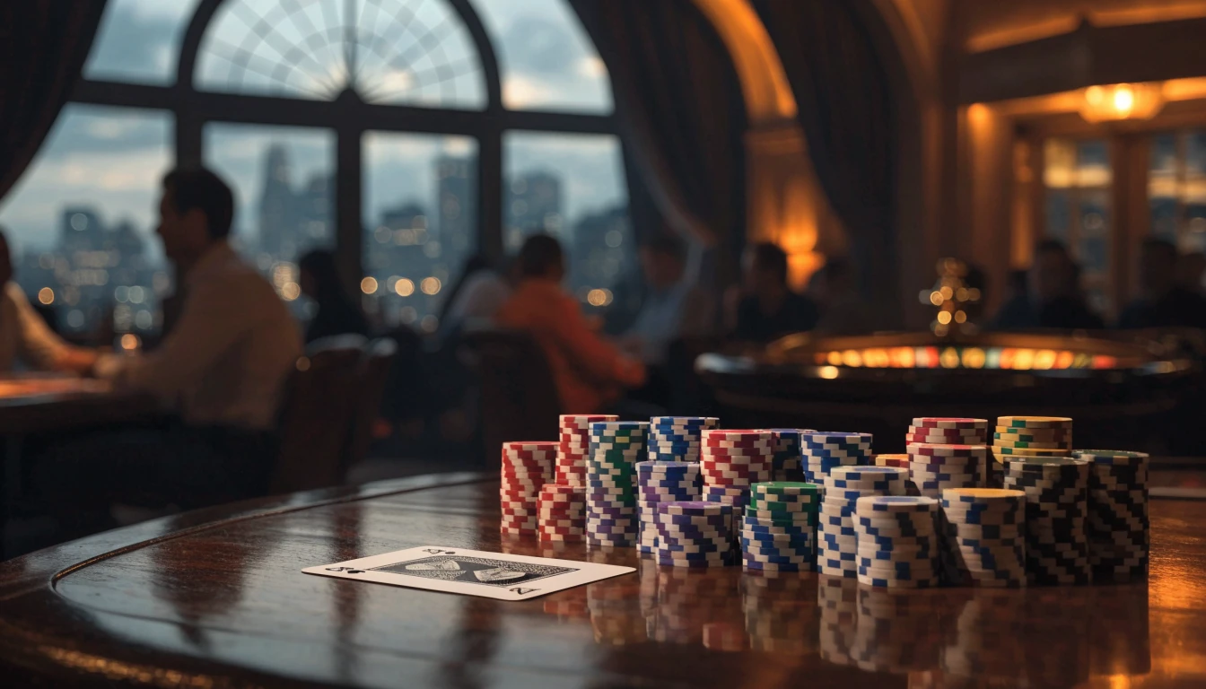 Premium UK casino table with poker chips, ace of spades, and roulette wheel, London skyline at dusk