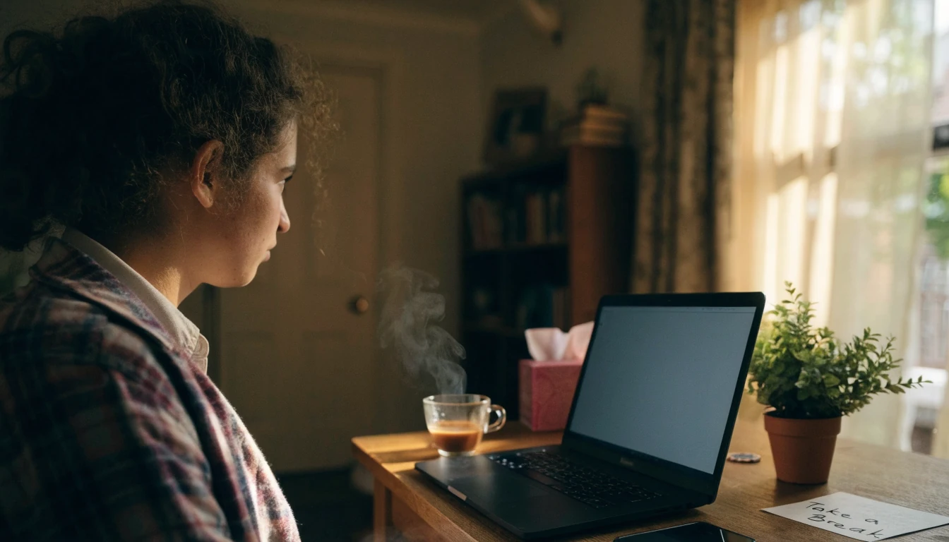 Person in UK home office reflecting near a closed laptop, with a self-exclusion reminder on the desk.