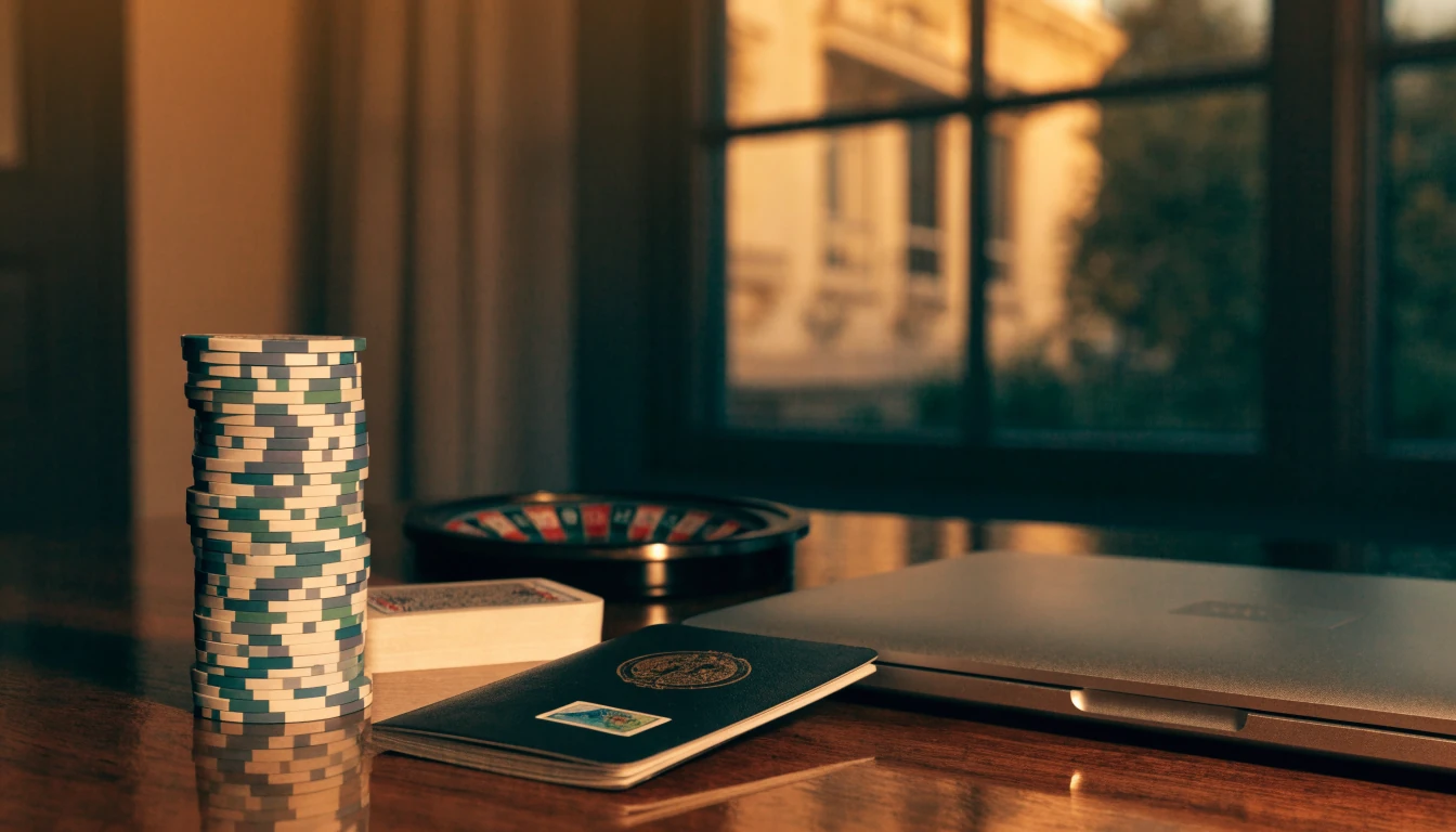 Casino chips, playing cards, roulette, and a passport on a desk under warm amber lighting.
