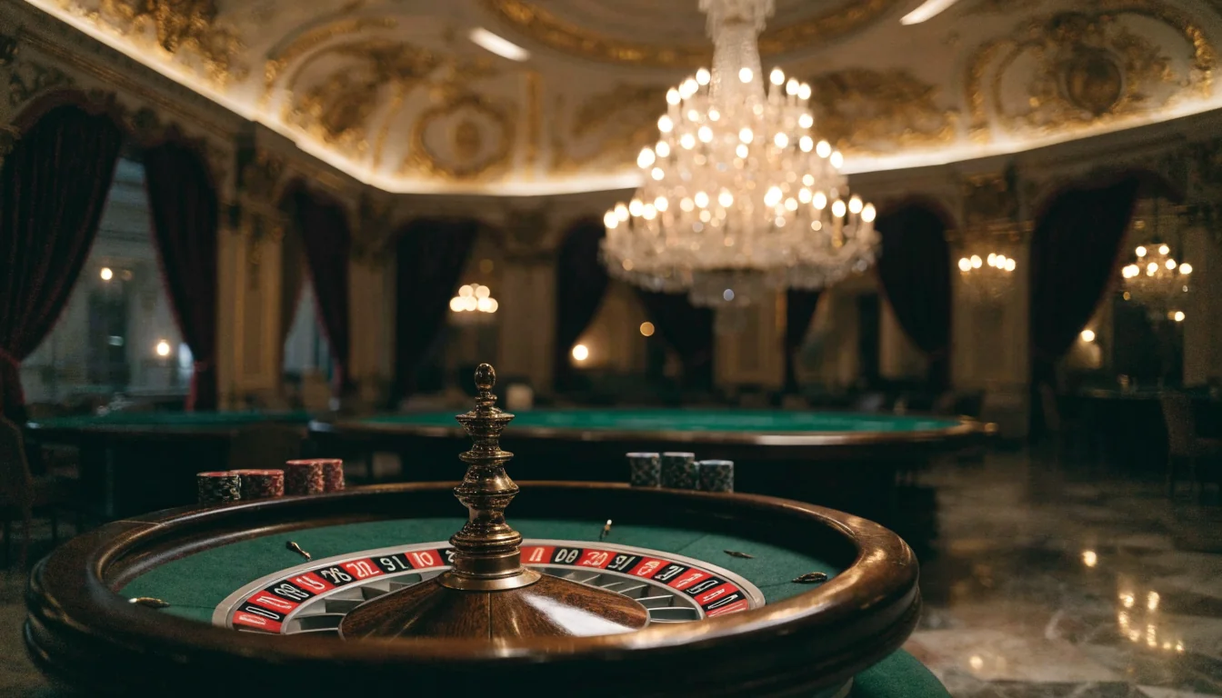 Elegant European casino lounge with roulette wheel, chips, chandelier, and red velvet curtains.