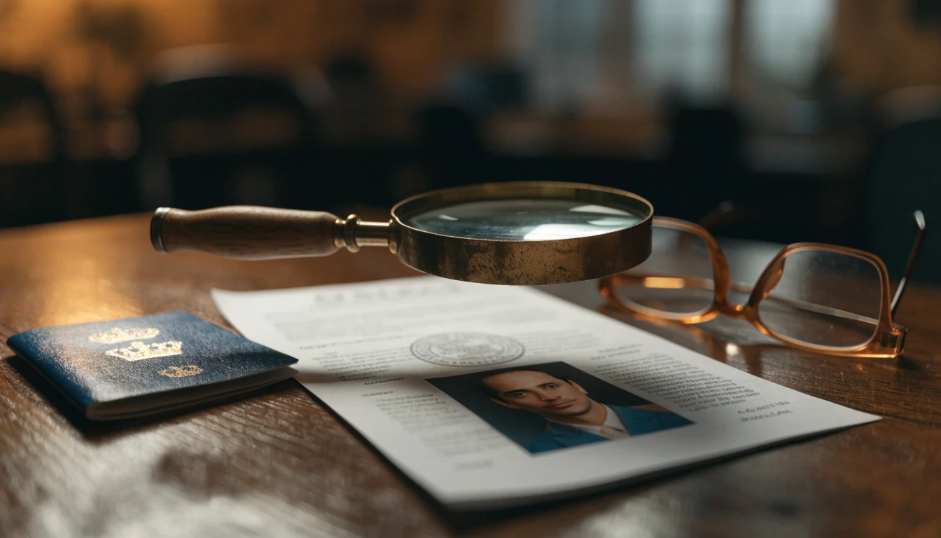 Magnifying glass examining a casino licence certificate on a desk