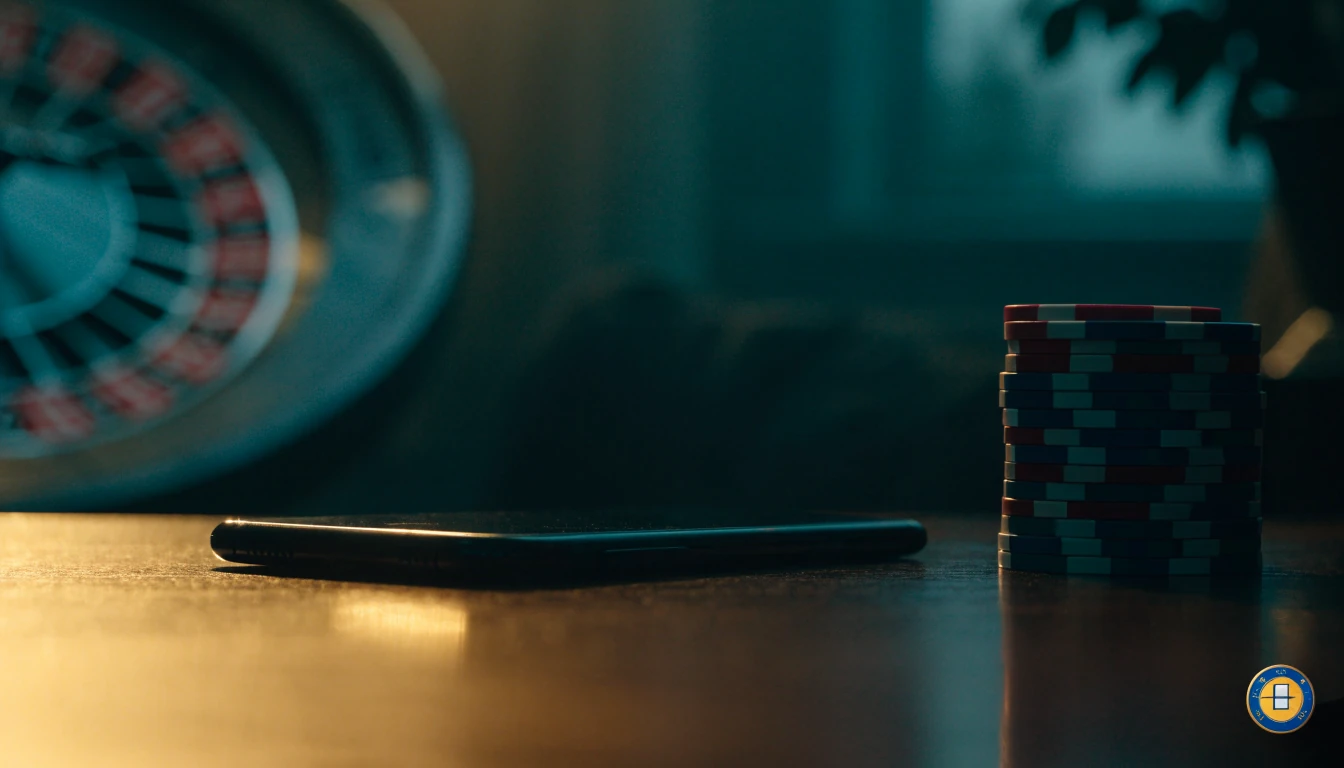 Casino chips, roulette wheel, and smartphone on table with alternative jurisdiction pin