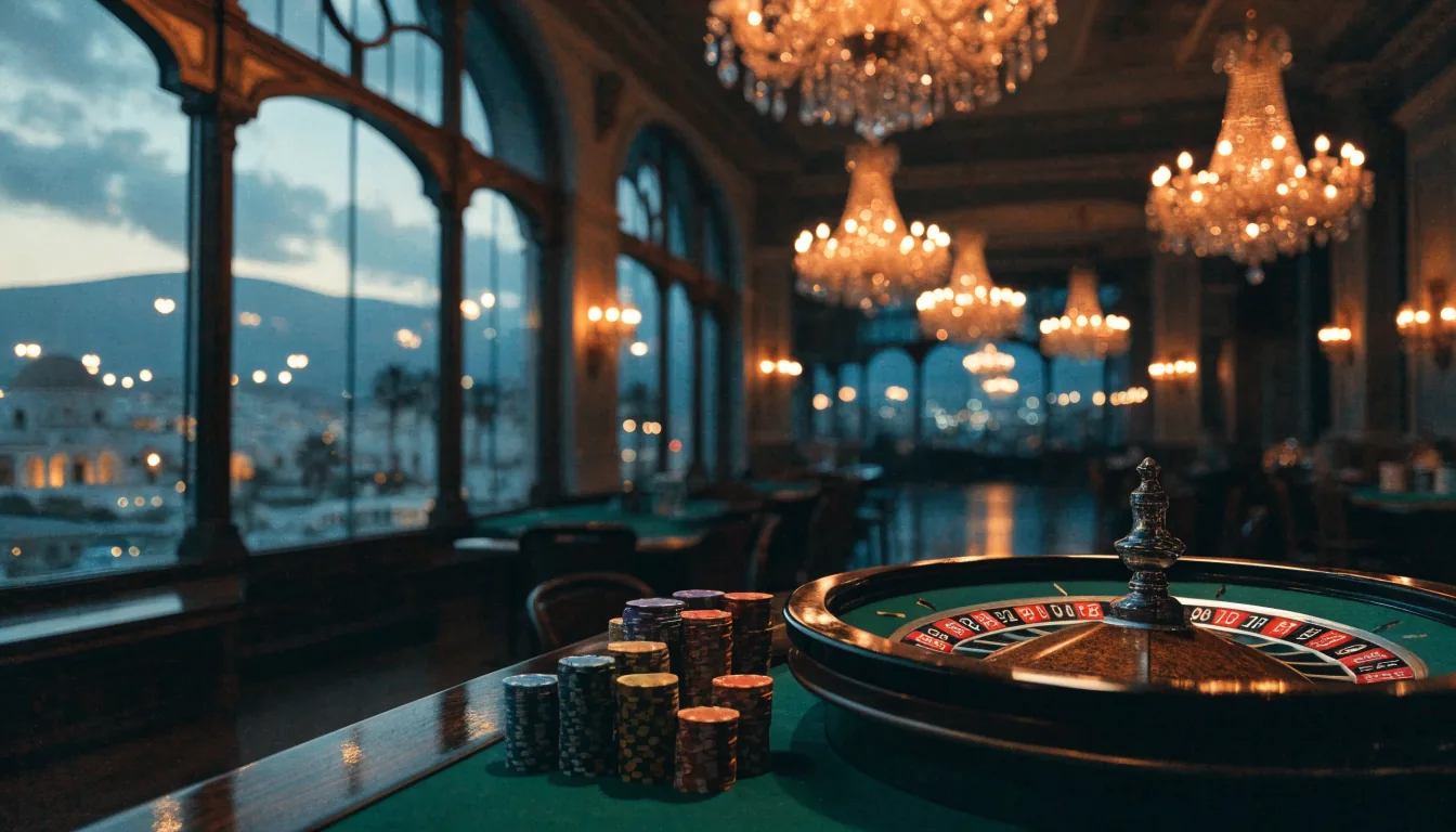 Elegant overseas casino interior at night with roulette wheel and chip stacks