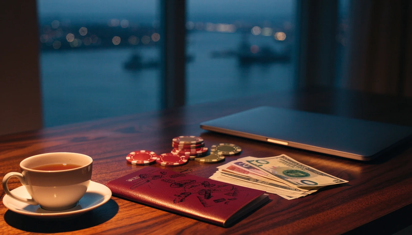 Passport with stamps, foreign currency, and casino chips on a desk beside a closed laptop