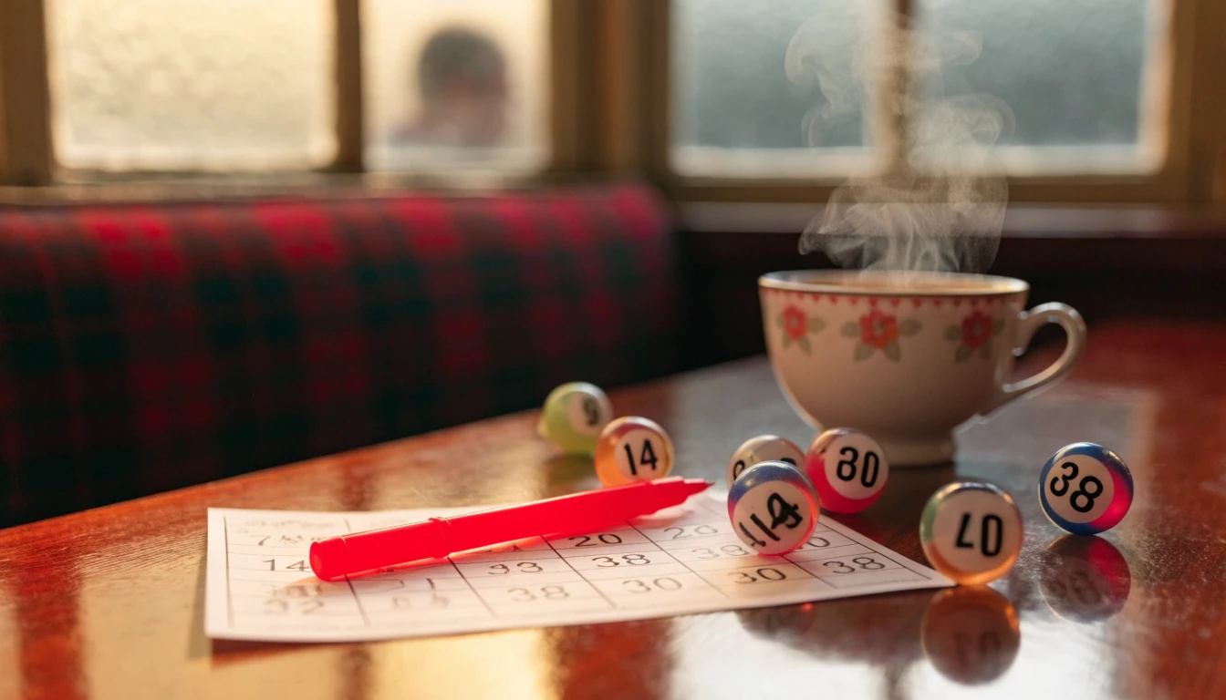 Cozy UK pub table featuring a bingo card, dauber, colourful bingo balls and a cup of tea.