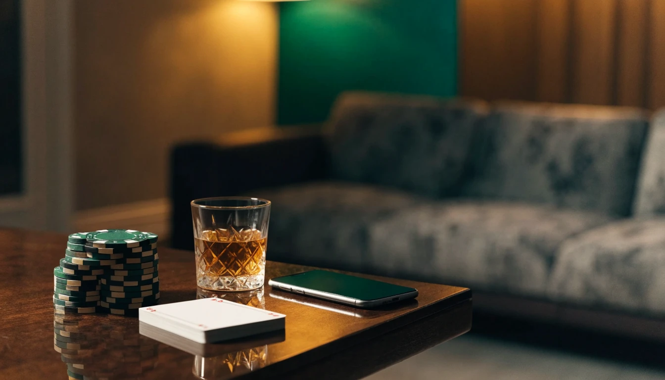 Poker chips, playing cards and a tumbler on a dark table in a modern British lounge