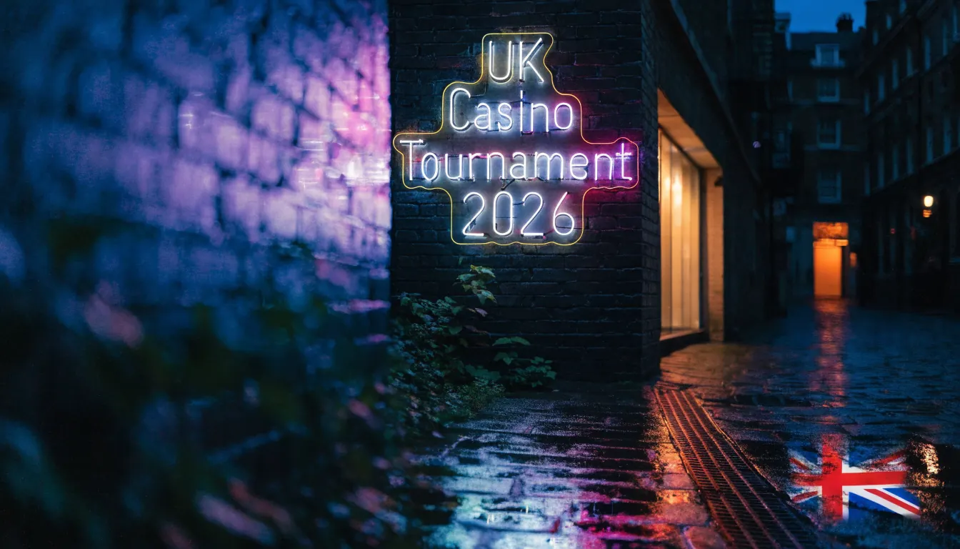 Neon tournament sign on London brick wall with UK flag reflection