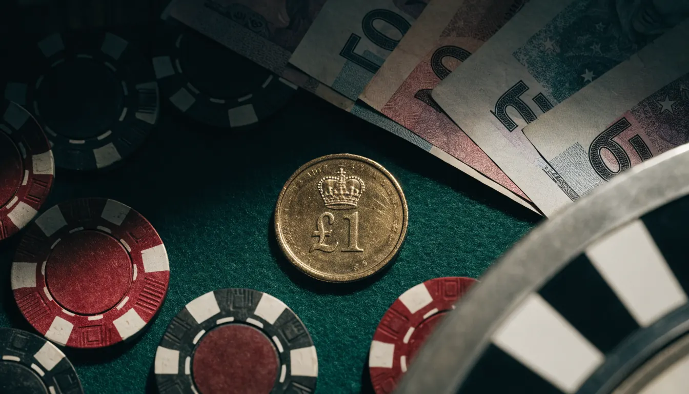 Golden £1 coin with casino chips and British pound notes on green felt