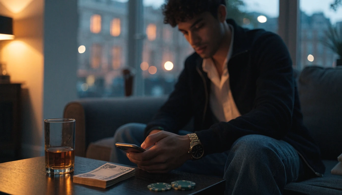 Man in London flat with smartphone turned down, pound notes, casino chips and whisky on table