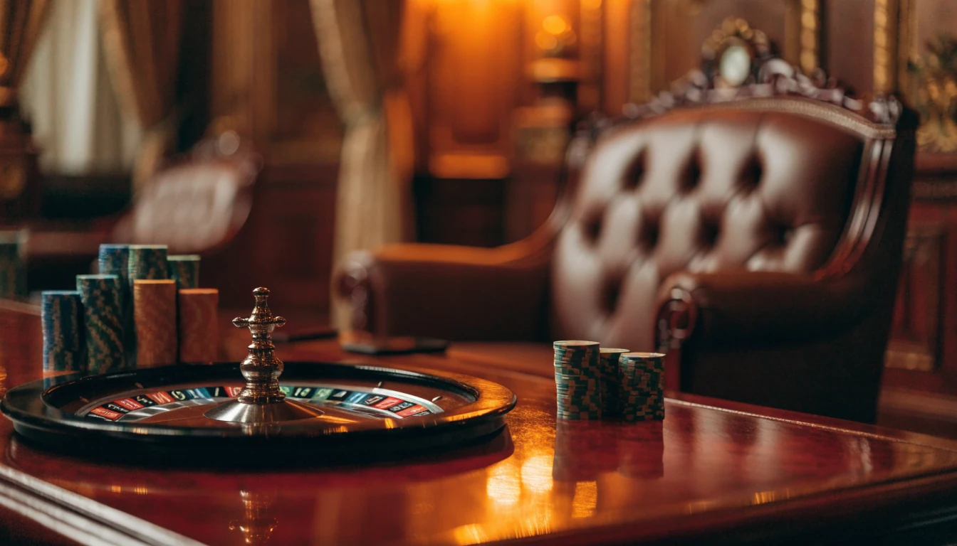 Elegant British casino lounge with roulette wheel and chips