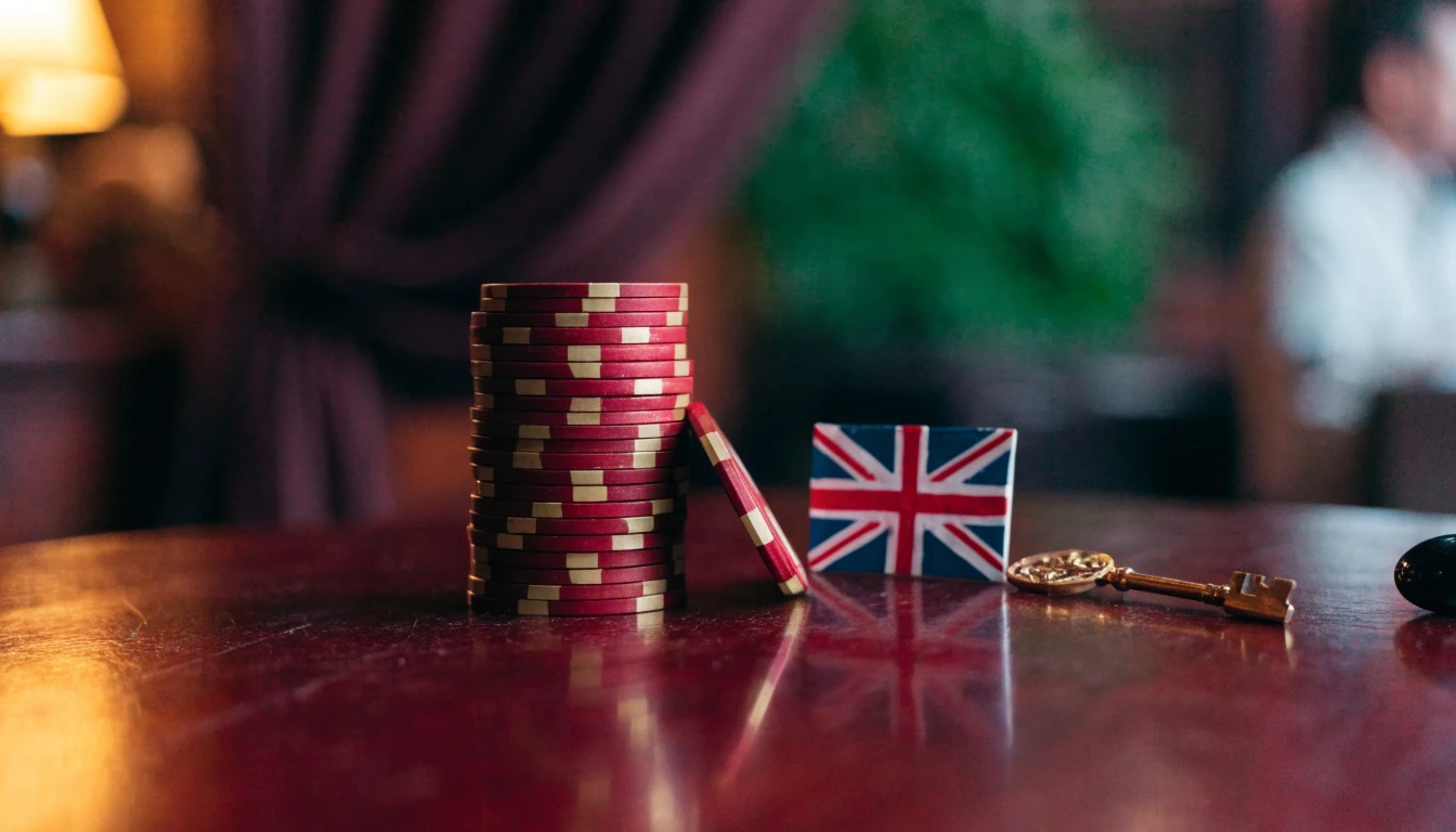 Casino chips and a golden key on a polished table in a warm London lounge.