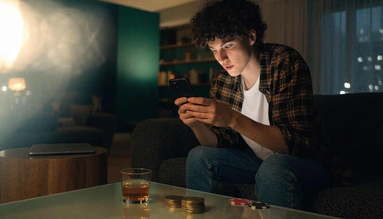 Person in London apartment with smartphone, casino chips and gold coins on table