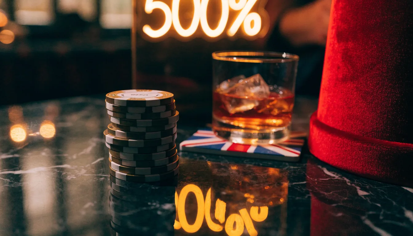 Golden casino chips beside a glowing 500% neon sign on a luxurious dark marble surface with warm cinematic lighting.