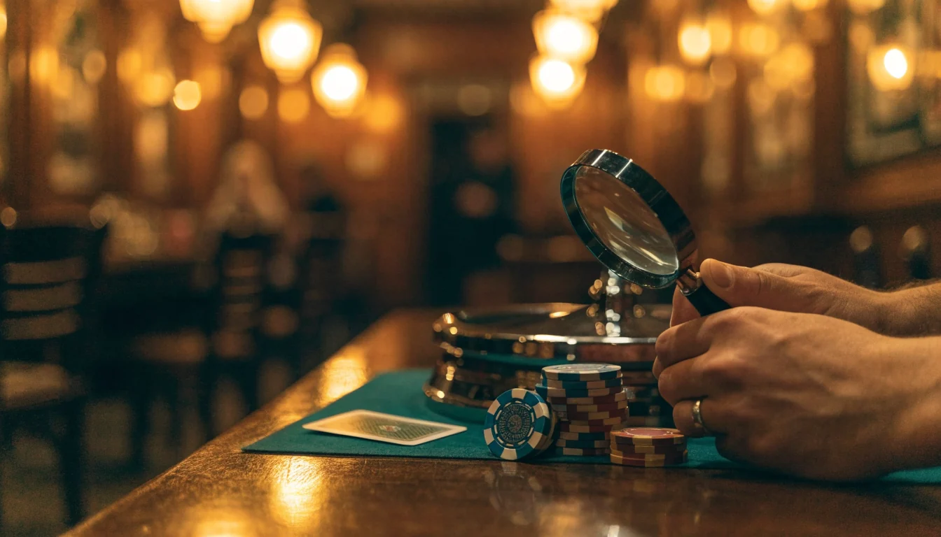 Casino chips examined under a magnifying glass on a wooden pub table with a small roulette wheel