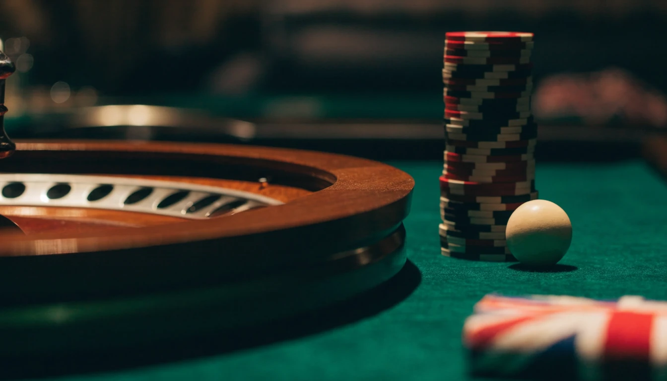 American roulette wheel with stacked casino chips on a green table, UK-themed styling