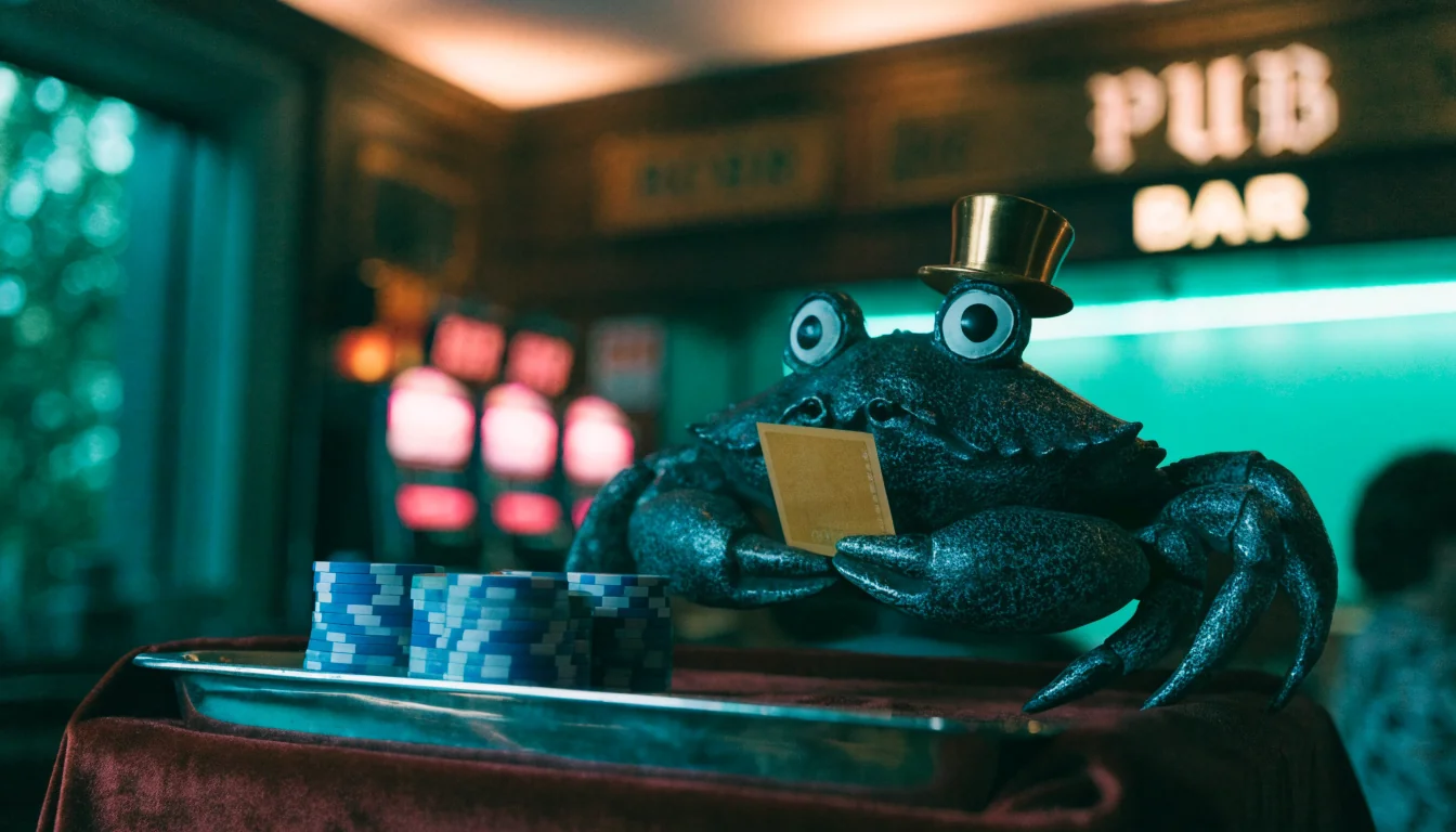 Decorative crab figurine with top hat holding a casino voucher in a British gaming lounge