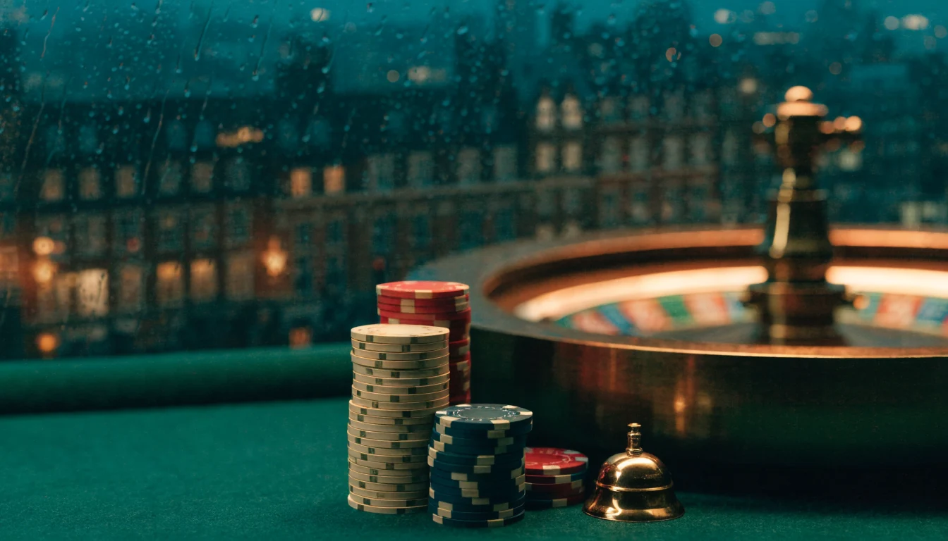 Casino chips, roulette wheel and brass bell on green felt with blurred London skyline at night
