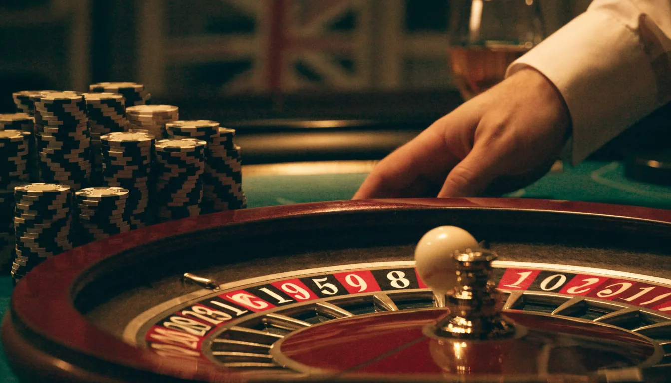 European roulette wheel spinning on a green casino table with chips
