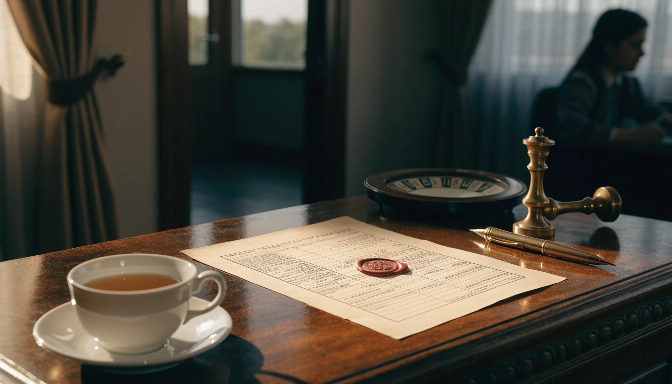Licensing documents, a brass stamp, and a roulette wheel on a polished desk
