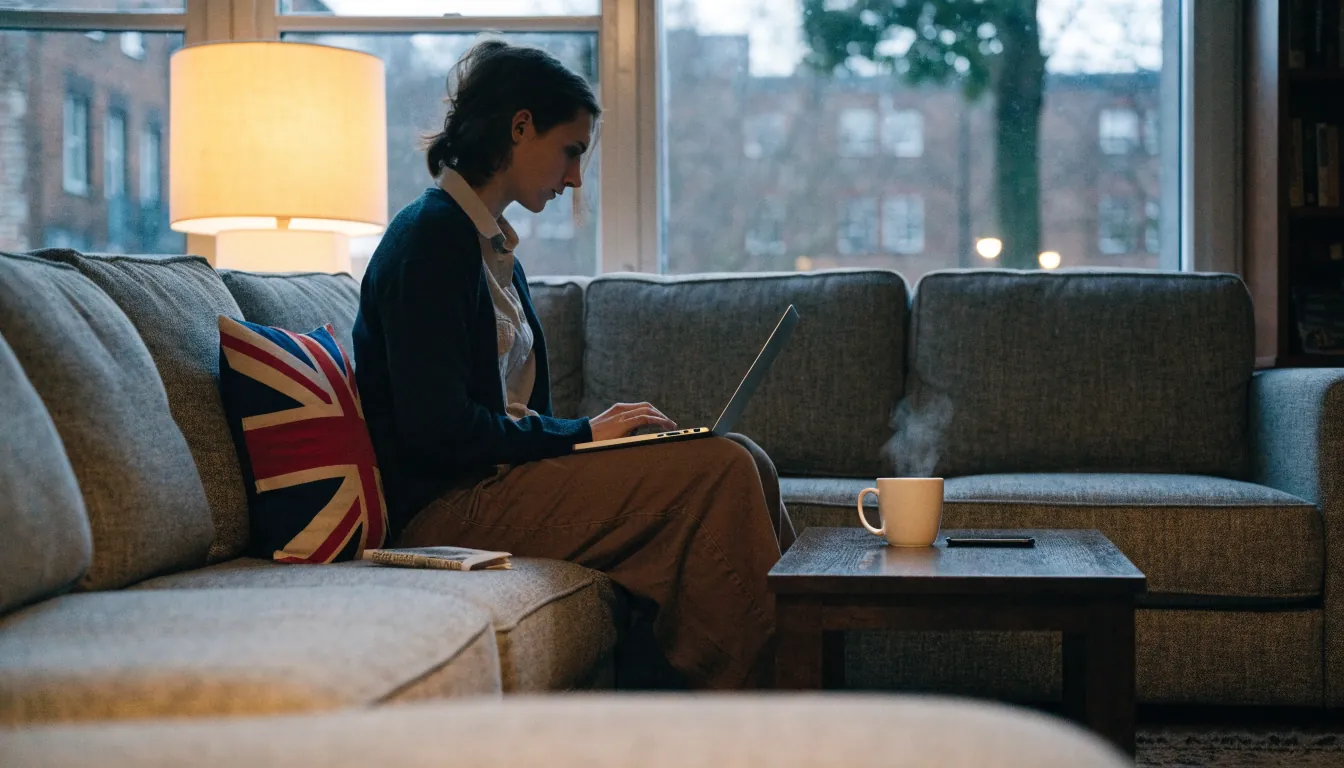 Person on sofa using a laptop with phone and tea, UK home setting