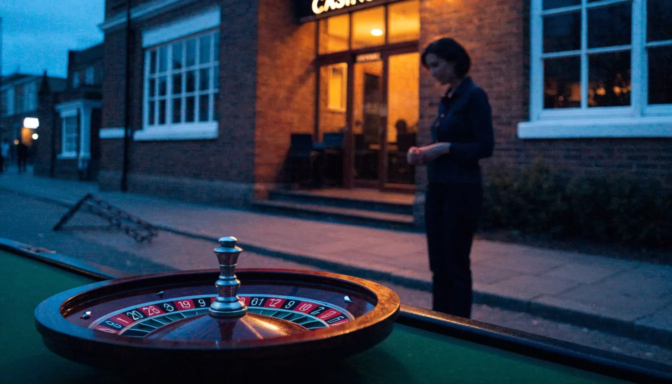Standalone UK casino building at dusk with a single roulette table, symbolising independent operator.