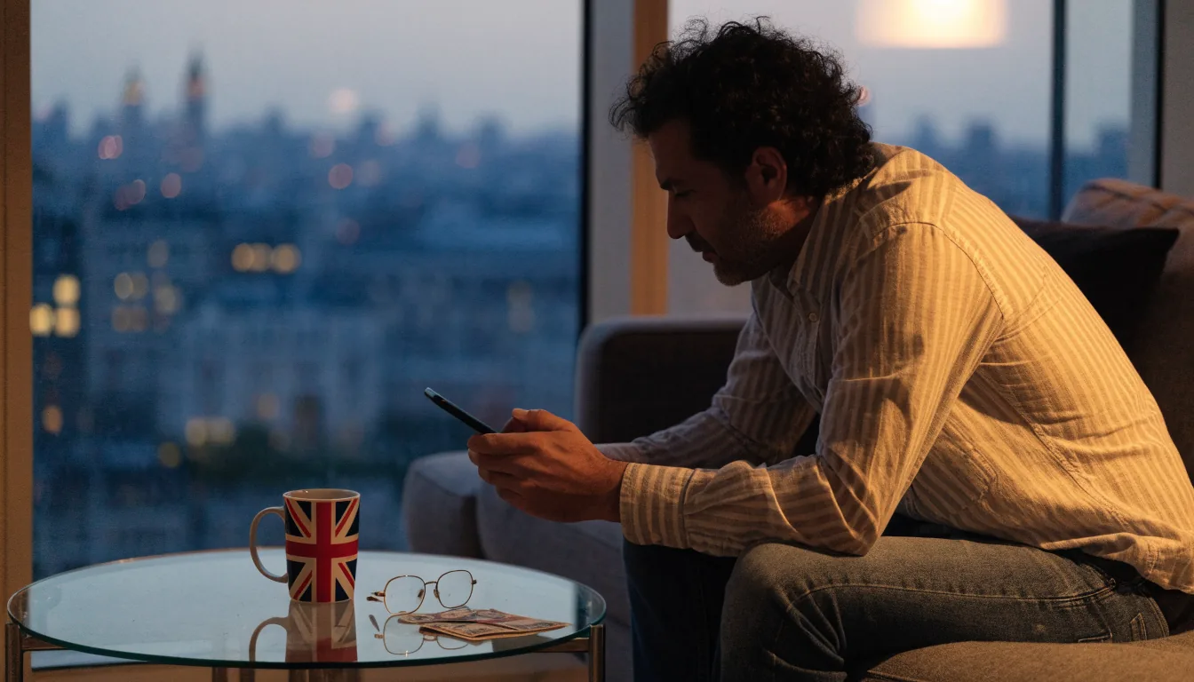 Man in London apartment considering online casino sign-up on his phone, screen turned away, Union Jack mug nearby.