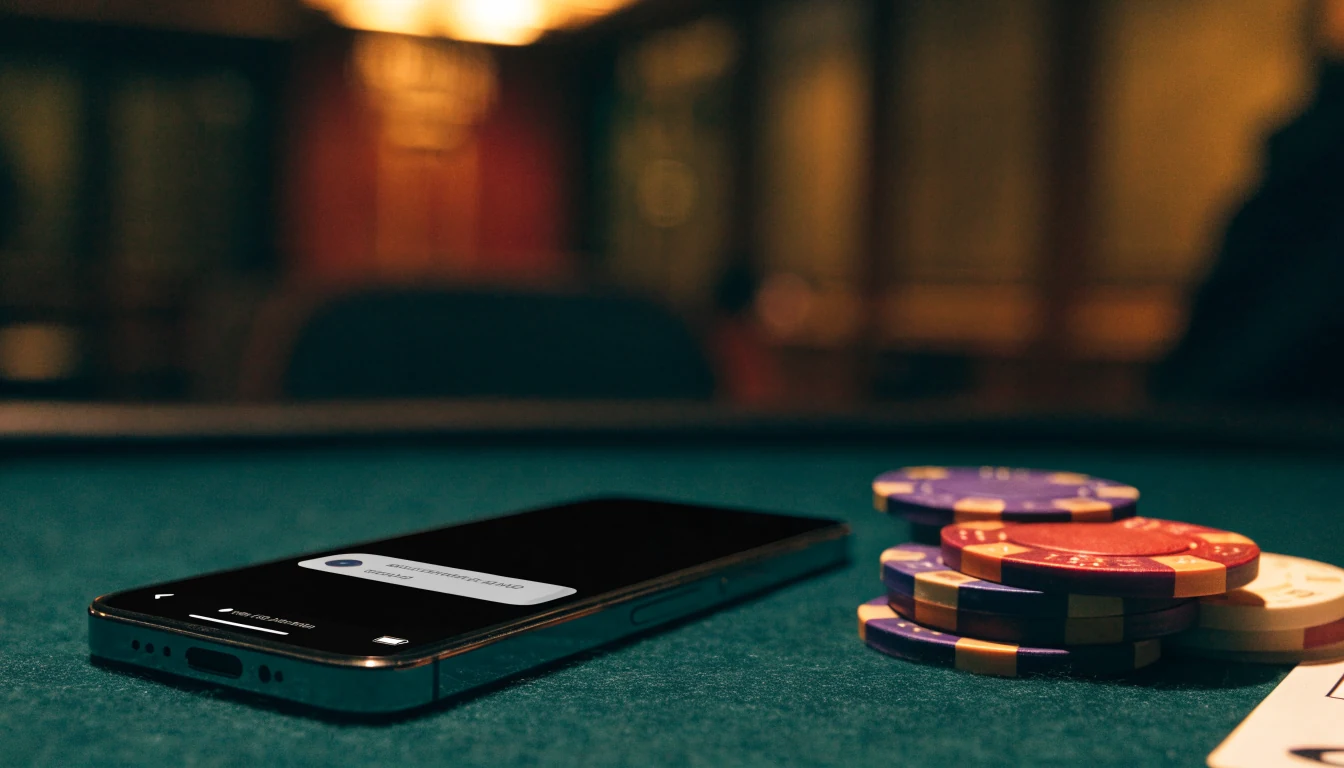 Smartphone with SMS notification on a casino table beside chips and a card.