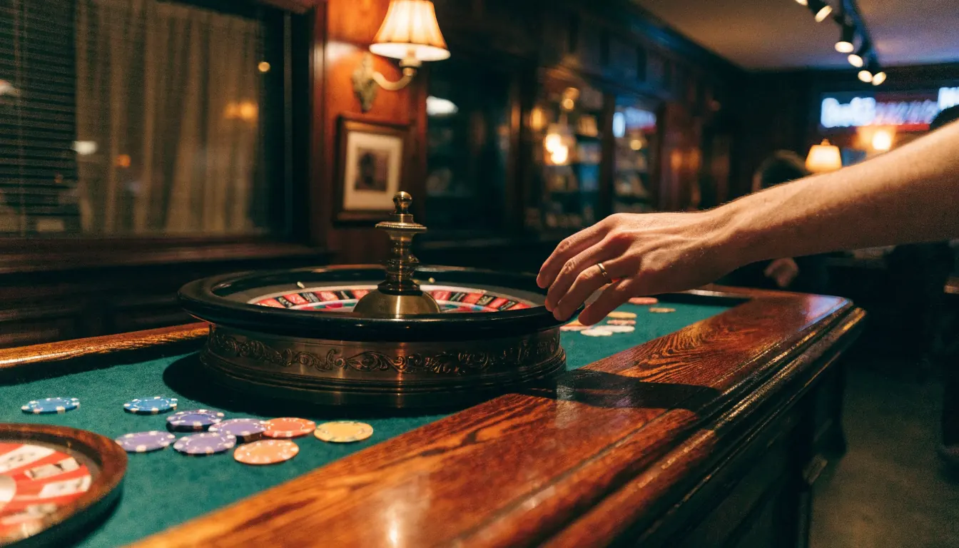British pub interior with casino chips and roulette wheel on bar