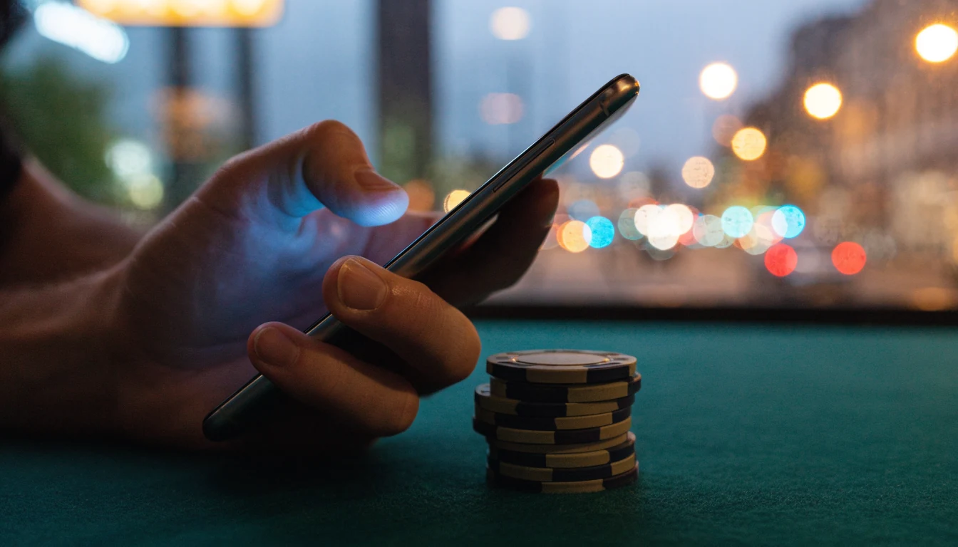 Hand holding smartphone beside casino chips on green felt table