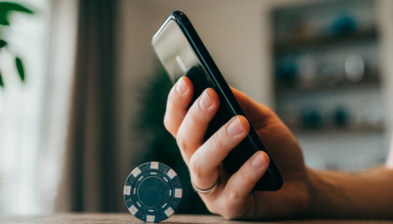 Hand holding a smartphone near a casino chip on a table