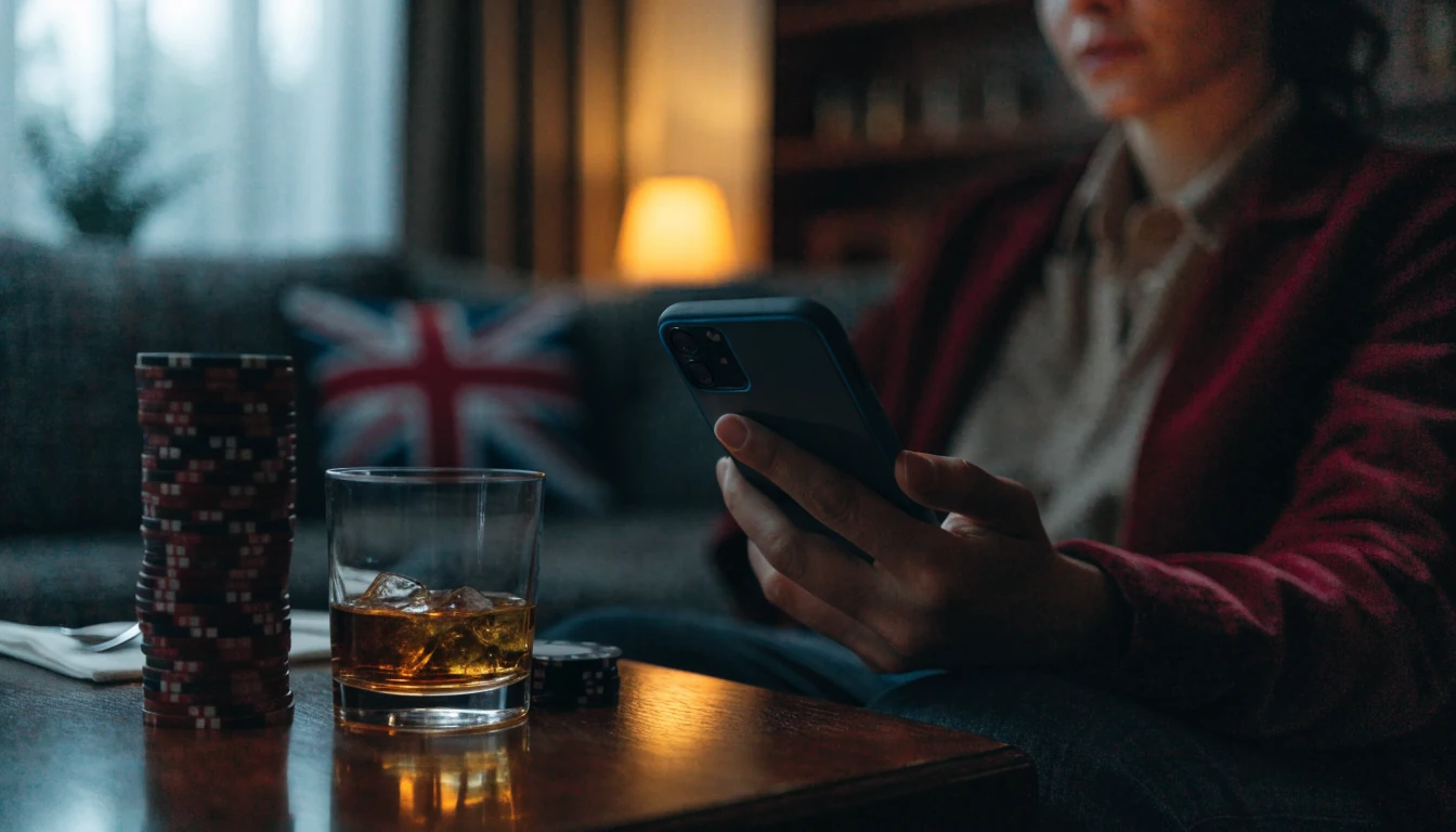 Hand holding a smartphone near stacked casino chips in a cozy UK interior.