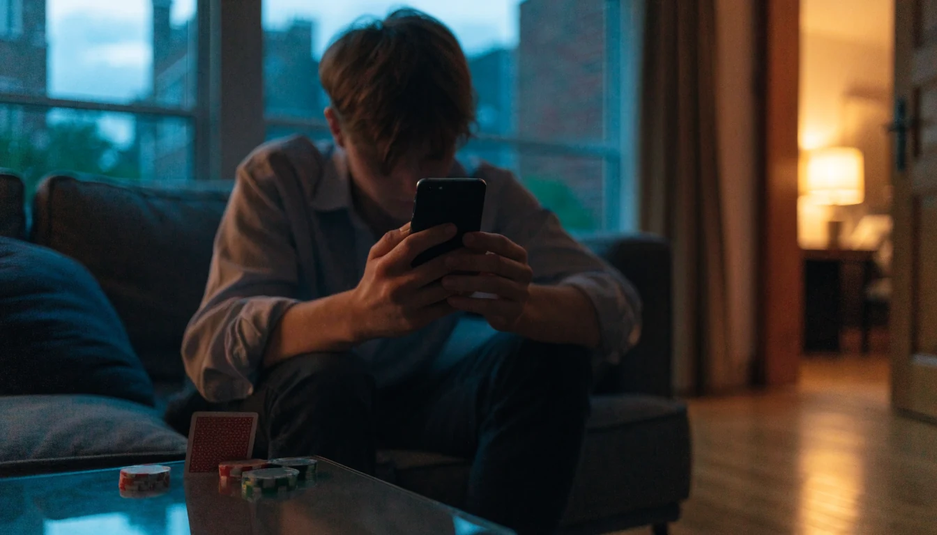 Person holding a smartphone near casino chips on a table, UK apartment setting