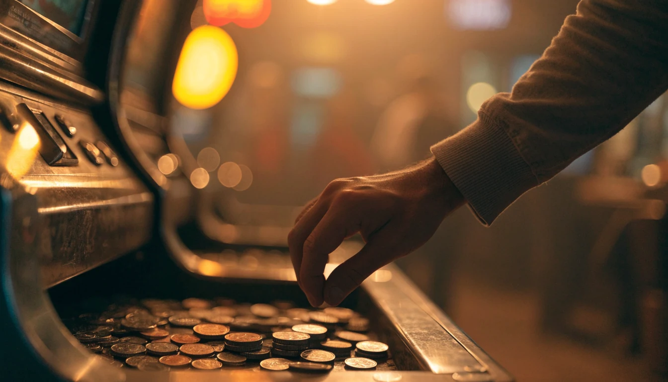 British penny coins on a slot machine coin tray in a UK arcade