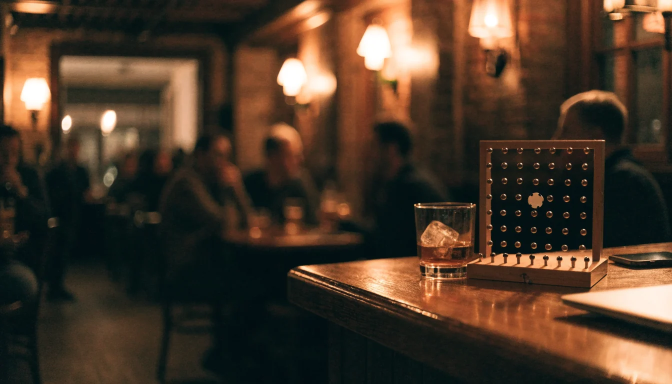 British pub counter with a small Plinko board and a whisky glass at night