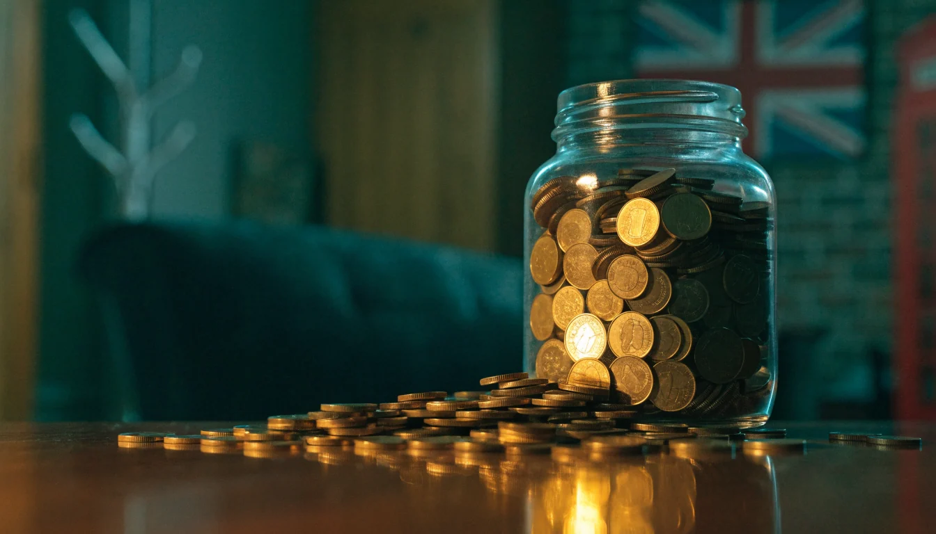 Overflowing glass jar of glowing gold coins on a dark wood table in a moody British lounge, with soft Union Jack decor in the background.