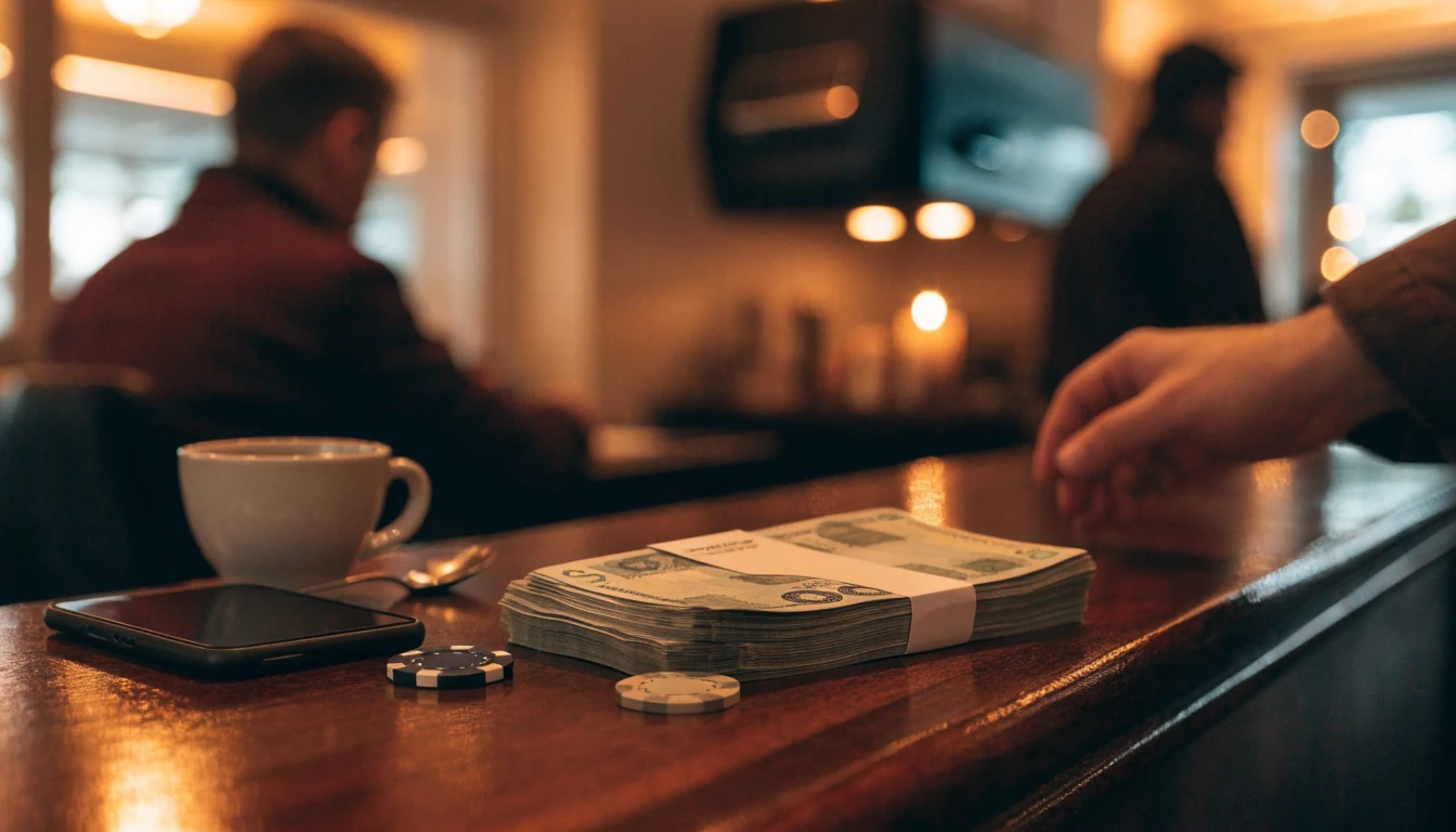 British casino cashier counter with pound notes and chips