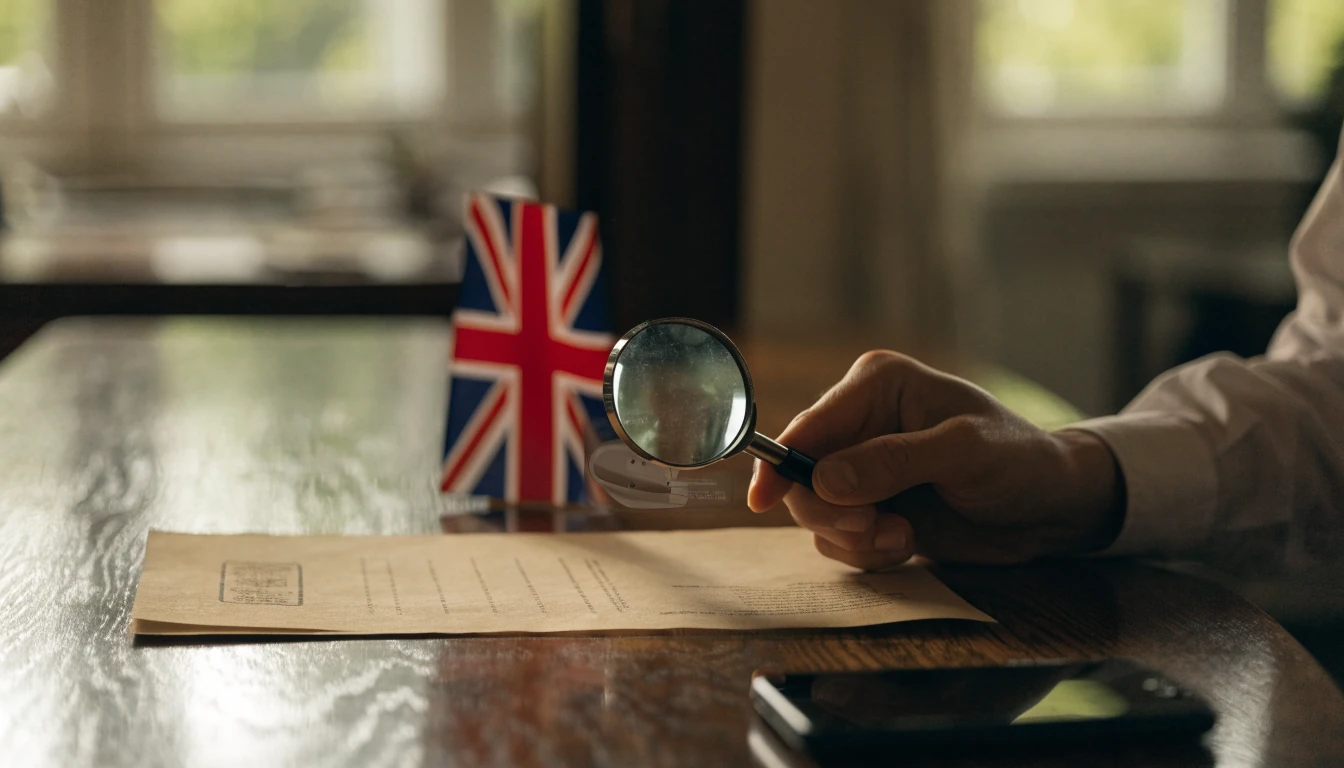 British flag, magnifying glass, and shield symbol on a desk, representing UK casino licensing and player safety.