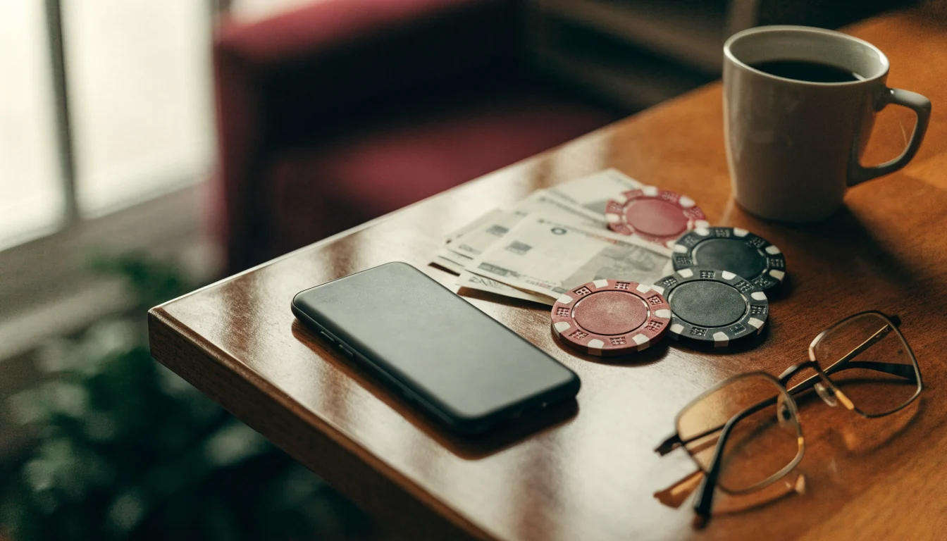 British pounds, casino chips, and a face-down smartphone on a wooden desk