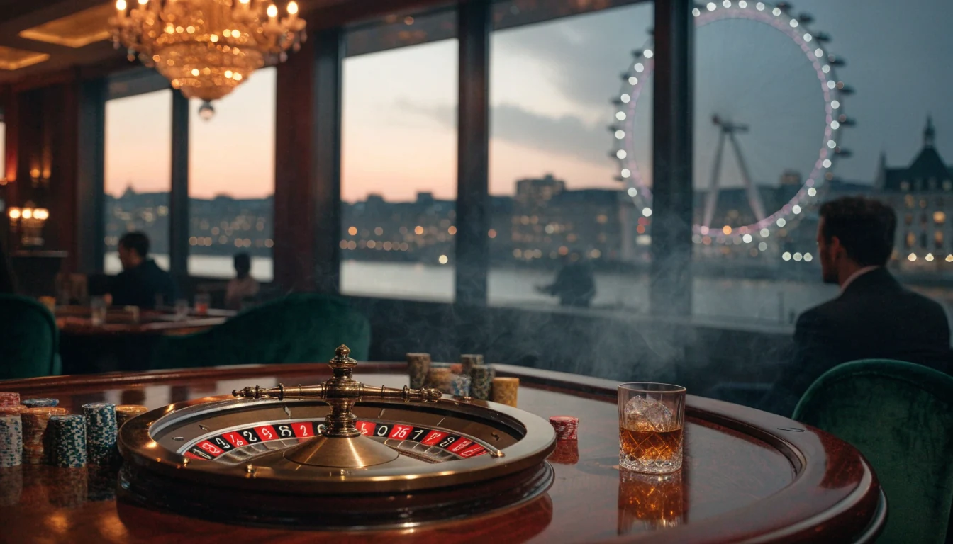 Elegant London casino lounge with roulette table and skyline view at dusk