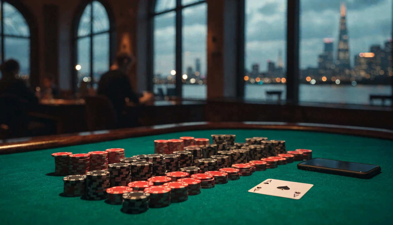 Elegant UK casino table with poker chips, a playing card, and a smartphone overlooking the London skyline at dusk.