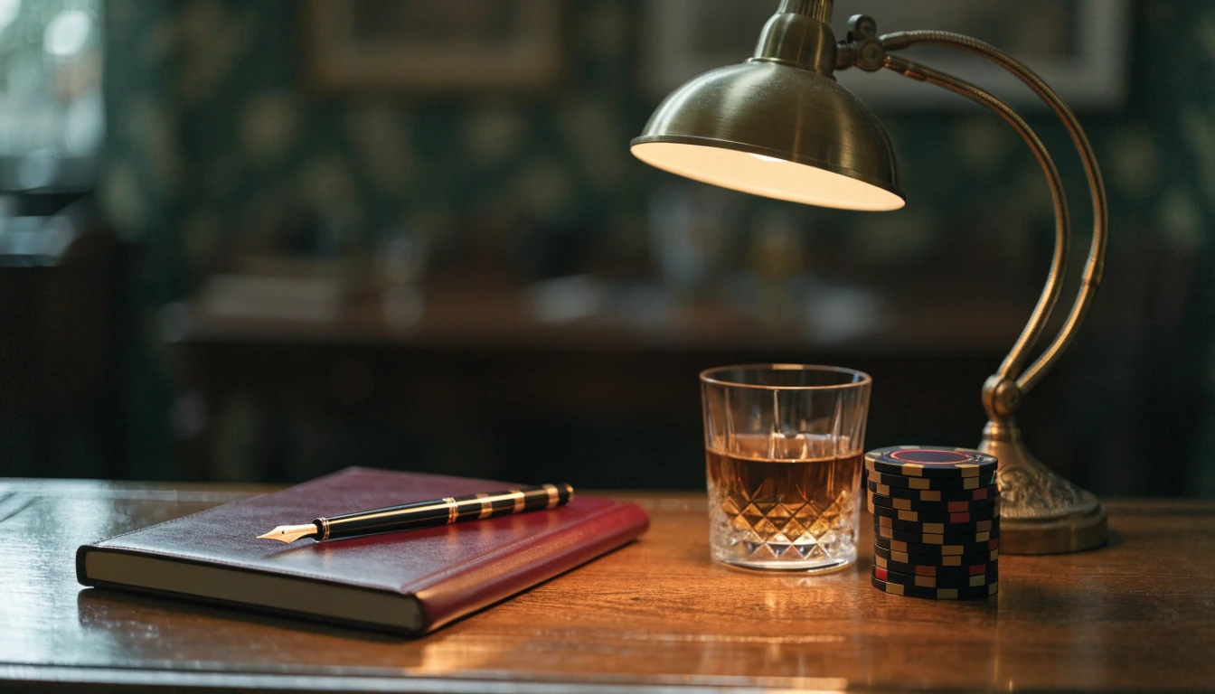 British editorial desk scene with casino chips and whisky suggesting casino rating review