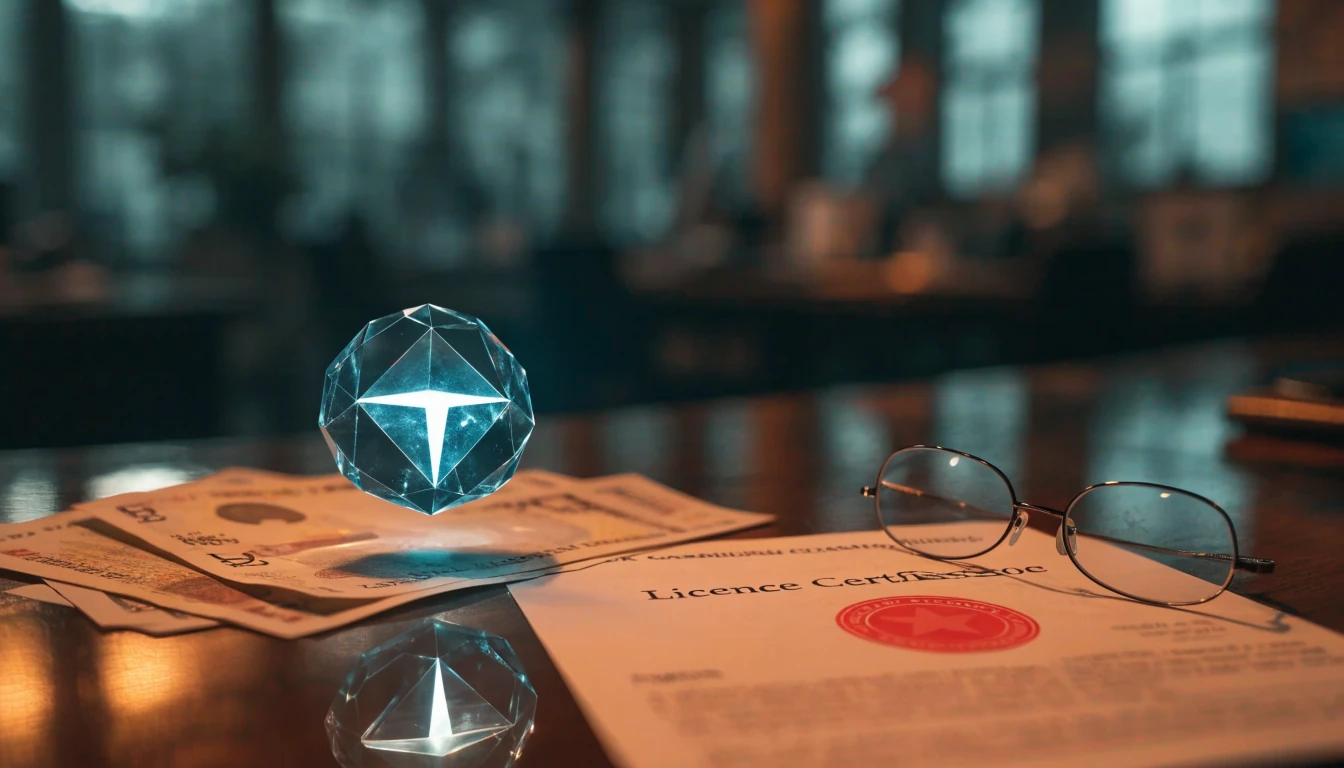 Glowing TRON token above UK Gambling Commission licence and pound notes on a desk